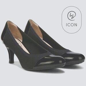 Life Strides Soft System Black Stretch Parigi Pumps, sz 8m, Patent/Fabric, Black